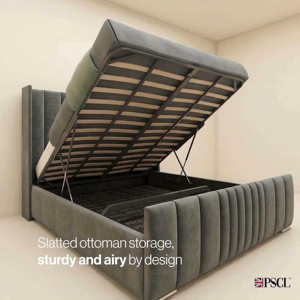 Slatted ottoman storage, light and airy by design A