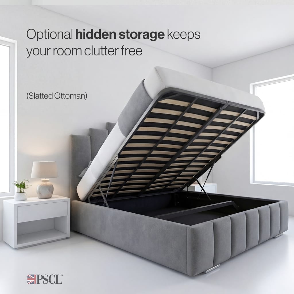 Lift up storage keeps bedding hidden slatted