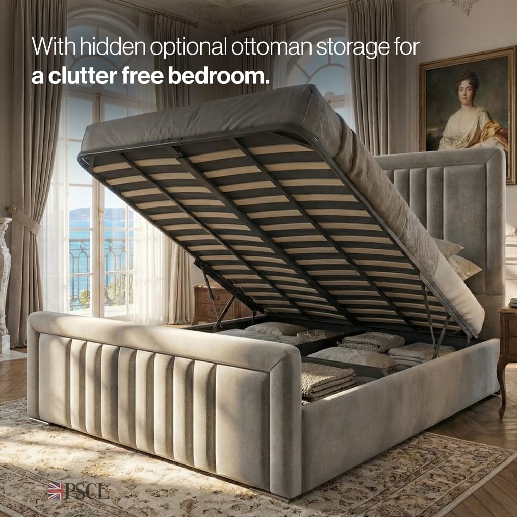 with hidden ottoman storage for a clutter free bedroom.