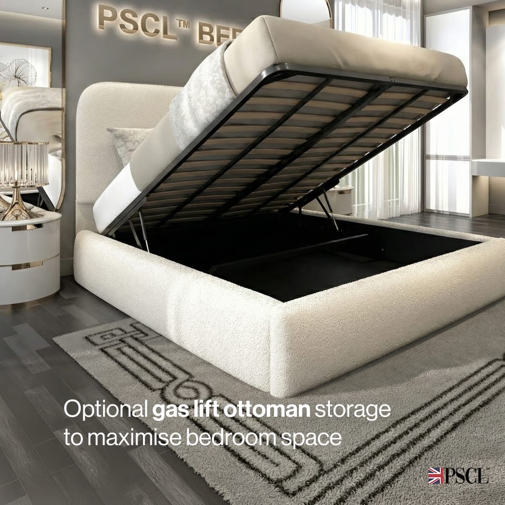 Optional gas lift ottoman storage with a hidden 25 cm deep compartment to maximise bedroom space