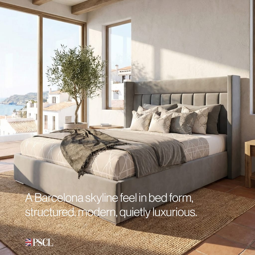 A Barcelona skyline feel in bed form, structured, modern, quietly luxurious.