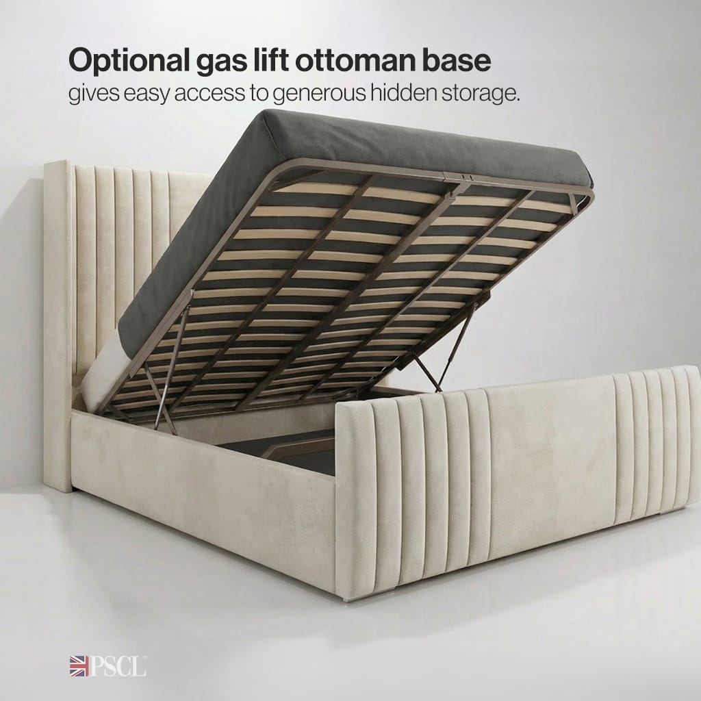 Optional gas lift ottoman base gives easy access to generous hidden storage.