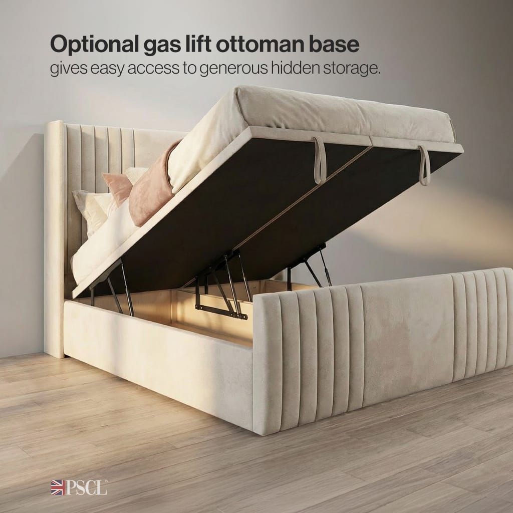 Solid Optional gas lift ottoman base gives easy access to generous hidden storage.