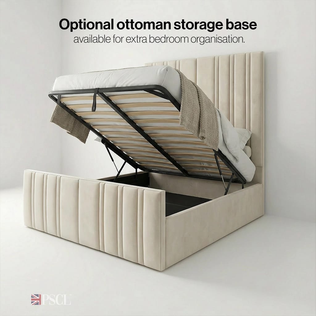 Optional ottoman storage base available for extra bedroom organisation.
