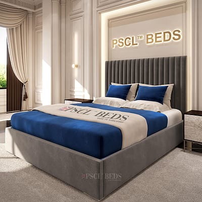 2024 Madison Square Linear Frame featuring sleek design with Optional Ottoman Storage Bed Feature, showcasing Yorkshire craftsmanship, elegant linear patterns, and luxurious fabric in a contemporary bedroom setting