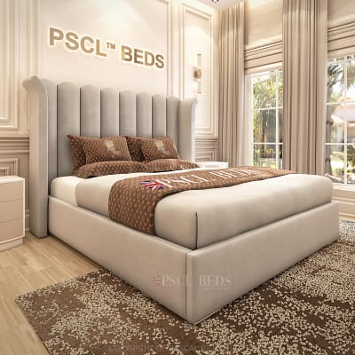 2024 Tulip Wingback Bed with distinctive Art Deco headboard design, customizable fabrics and colors, optional ottoman storage, in various sizes, showcasing elegance and practicality for a luxurious bedroom