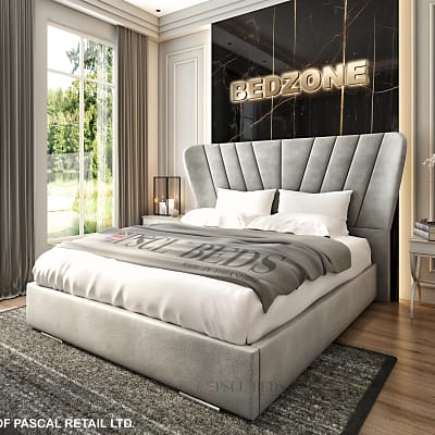 Luxurious New Dubai Palm bed frame with plush wingback headboard, optional ottoman and divan storage